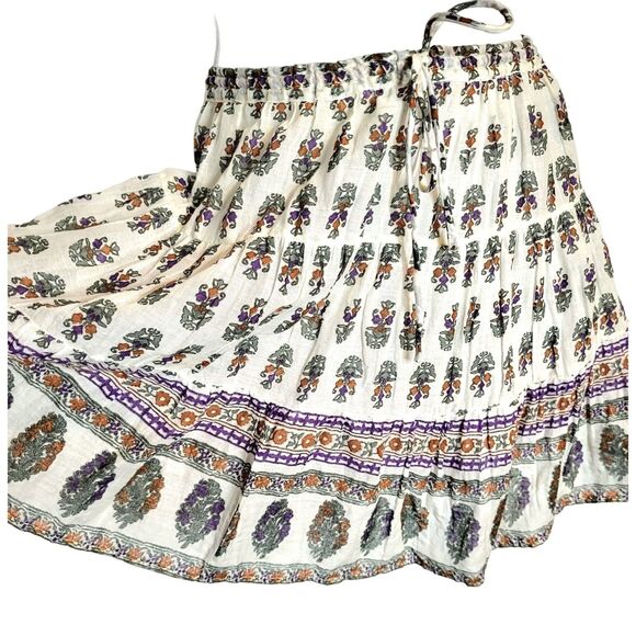 Free People Boho Floral block Print Beachy Gypsy Style Drawstring Waist Skirt OS - Picture 2 of 12